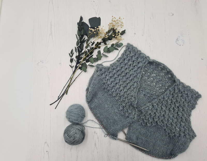 Blue grey lace cardigan knitting pattern WIP