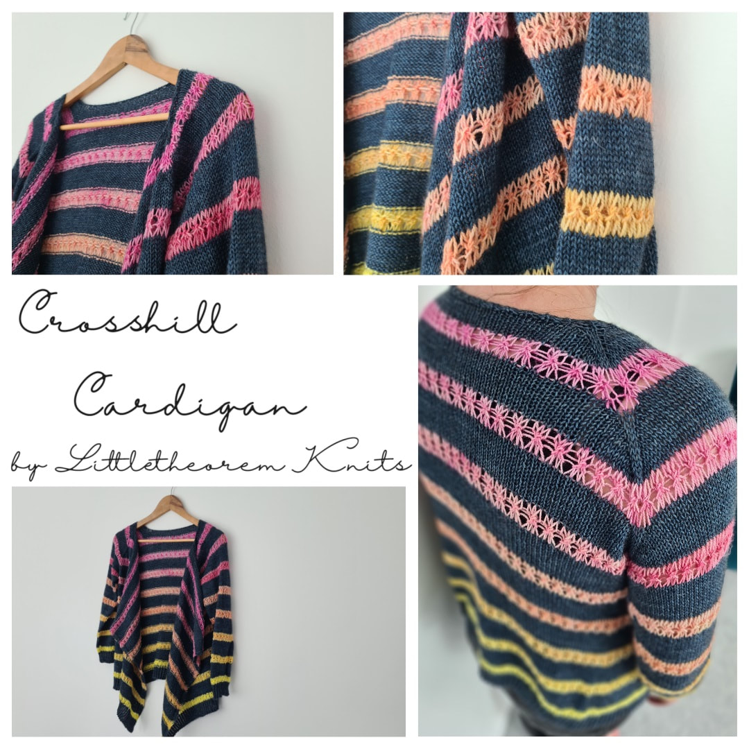 Crosshill Cardigan knitting pattern by littletheorem collage - a top down cardigan in 4ply yarn with lacy stripes